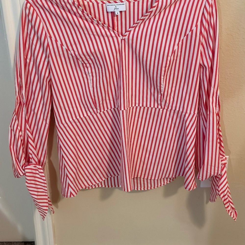Universal Standard For J Crew Red White Striped Tie Sleeve Blouse Top Size M